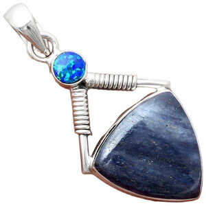 Solid Sterling Silver 925 Blue Fire Opal and Dumortierite Gemstone Pendant New